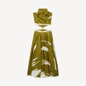 Abito da donna con cut-out in twill di seta con effetto “brush scratch” color kaki