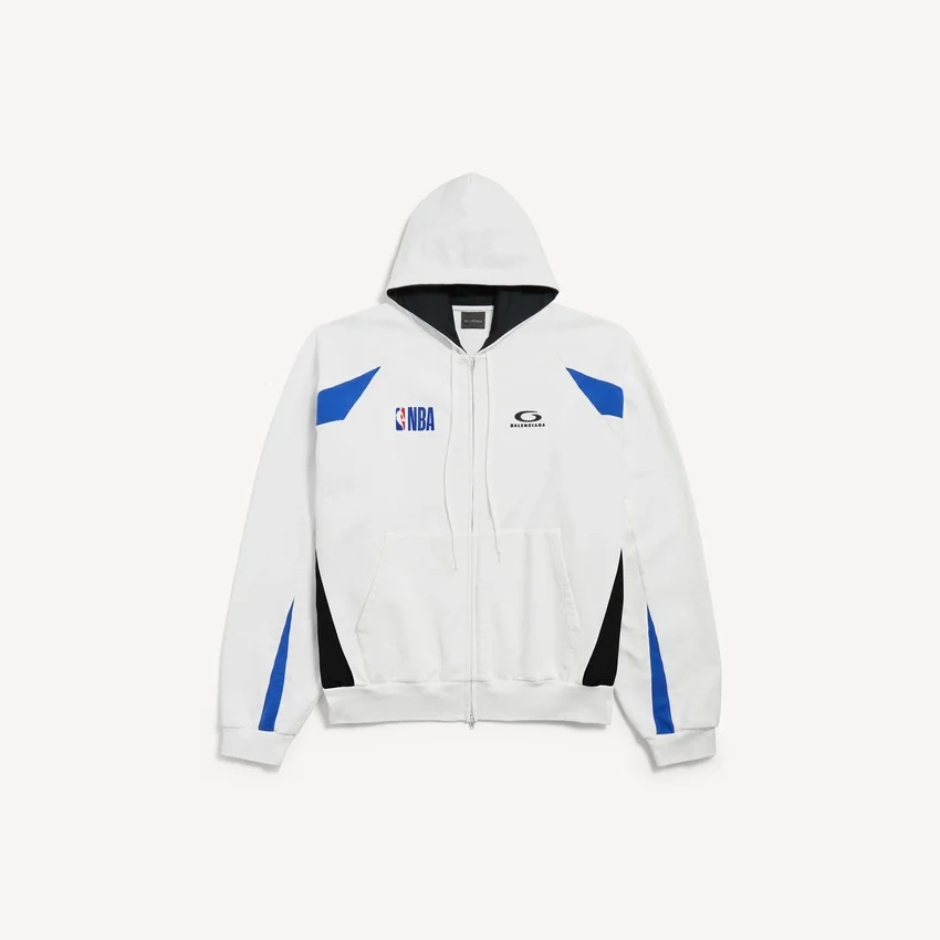 Balenciaga da uomo | Felpa con cappuccio oversize con zip, collaborazione con la NBA, in bianco/multicolore
