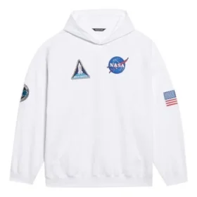 Balenciaga x NASA FW21 da uomo, maglietta classica in cotone con cappuccio, maniche lunghe e taglio ampio, logo crossover, bianca 651799TKVD89040 Balenciaga x NASA FW21 da uomo, maglietta classica in cotone con cappuccio, maniche lunghe e taglio ampio, logo crossover, bianca 651799TKVD89040