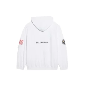 Balenciaga x NASA FW21 da uomo, maglietta classica in cotone con cappuccio, maniche lunghe e taglio ampio, logo crossover, bianca 651799TKVD89040 Balenciaga x NASA FW21 da uomo, maglietta classica in cotone con cappuccio, maniche lunghe e taglio ampio, logo crossover, bianca 651799TKVD89040