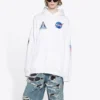 Balenciaga x NASA FW21 da uomo, maglietta classica in cotone con cappuccio, maniche lunghe e taglio ampio, logo crossover, bianca 651799TKVD89040