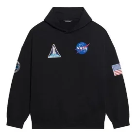 Balenciaga x NASA FW21 da uomo, maglietta classica in cotone con cappuccio, maniche lunghe e taglio ampio, logo crossover, nero 651799TKVD81070 Balenciaga x NASA FW21 da uomo, maglietta classica in cotone con cappuccio, maniche lunghe e taglio ampio, logo crossover, nero 651799TKVD81070
