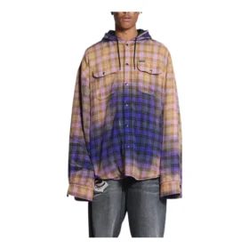 Camicia a maniche lunghe con cappuccio a quadri sbiaditi “Purple Beige” 699223TMM095212