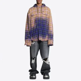 Camicia a maniche lunghe con cappuccio a quadri sbiaditi “Purple Beige” 699223TMM095212