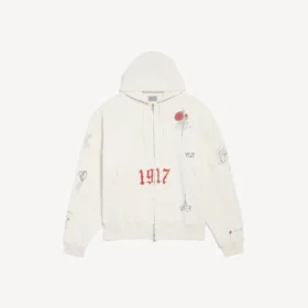 Felpa con cappuccio oversize da uomo color crema con zip e motivo “tattoo”