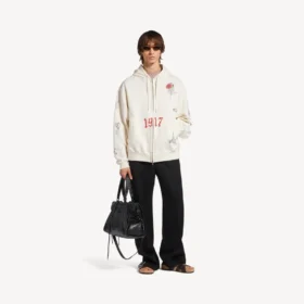 Felpa con cappuccio oversize da uomo color crema con zip e motivo “tattoo”