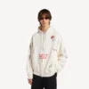 Felpa con cappuccio oversize da uomo color crema con zip e motivo “tattoo”