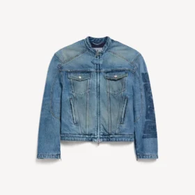 Giacca da moto in denim elasticizzato da uomo, blu scuro