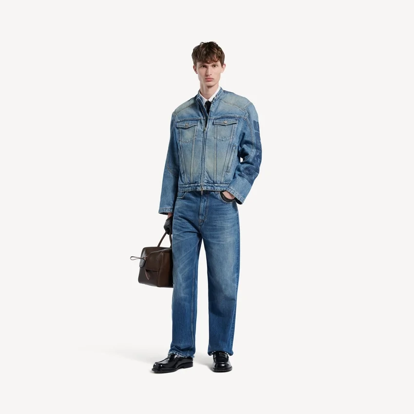 Giacca da moto in denim elasticizzato da uomo, blu scuro Giacca da moto in denim elasticizzato da uomo, blu scuro
