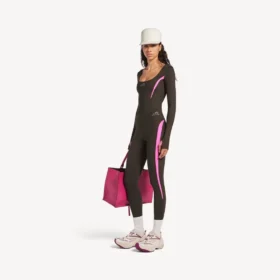 Leggings techwear da donna in marrone kaki/rosa neon