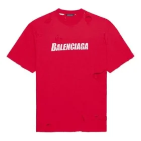 Maglietta da uomo Balenciaga con stampa alfabetica, motivo a fori, collo rotondo e maniche corte, rossa 651795TKVB86295 Maglietta da uomo Balenciaga con stampa alfabetica, motivo a fori, collo rotondo e maniche corte, rossa 651795TKVB86295