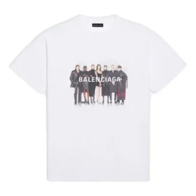 Maglietta da uomo Balenciaga con stampa del logo “Band Portrait”, stile retrò, maniche corte, bianca 612966TIV479000 Maglietta da uomo Balenciaga con stampa del logo “Band Portrait”, stile retrò, maniche corte, bianca 612966TIV479000