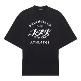 Maglietta da uomo Balenciaga da corsa con stampa a motivi e logo, ampia, a maniche corte, nera 641614TJVK61070 Maglietta da uomo Balenciaga da corsa con stampa a motivi e logo, ampia, a maniche corte, nera 641614TJVK61070