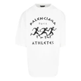 Maglietta da uomo Balenciaga SS21 con stampa motivo maratona e logo, maniche corte, bianca 641614TJVK69040 Maglietta da uomo Balenciaga SS21 con stampa motivo maratona e logo, maniche corte, bianca 641614TJVK69040