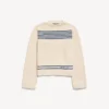 Maglione da donna con scollo a barchetta in blu navy/bianco