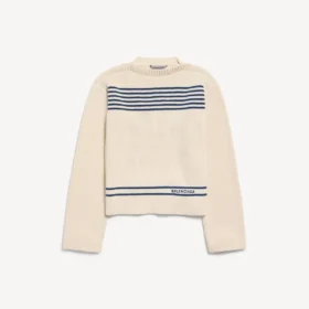 Maglione da donna con scollo a barchetta in blu navy/bianco