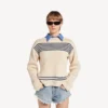 Maglione da donna con scollo a barchetta in blu navy/bianco