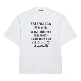 Maglione da uomo Balenciaga con stampa “Word”, collo rotondo e maniche corte, bianco 641614TJVI39040 Maglione da uomo Balenciaga con stampa “Word”, collo rotondo e maniche corte, bianco 641614TJVI39040