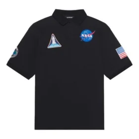 Polo da uomo Balenciaga x NASA Crossover FW21 in cotone con stampa spaziale, tinta unita, nera 662493TKVG11070