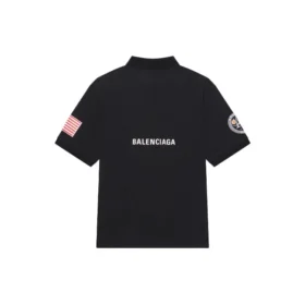 Polo da uomo Balenciaga x NASA Crossover FW21 in cotone con stampa spaziale, tinta unita, nera 662493TKVG11070