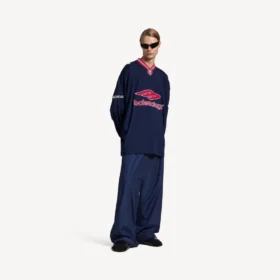 T-shirt da calcio da uomo 3b a maniche lunghe con scollo a V in blu navy scuro/rosso