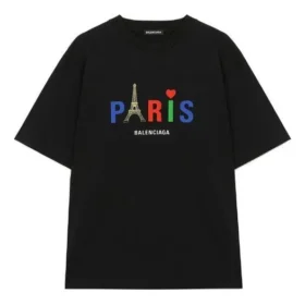 T-shirt da uomo Balenciaga Paris Love a maniche corte con stampa, spessore regolare, nera 594579TGV431000