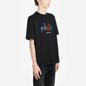 T-shirt da uomo Balenciaga Paris Love a maniche corte con stampa, spessore regolare, nera 594579TGV431000