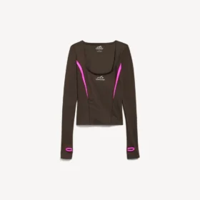 Top tecnico da donna aderente a maniche lunghe nei colori marrone kaki/rosa neon Top tecnico da donna aderente a maniche lunghe nei colori marrone kaki/rosa neon